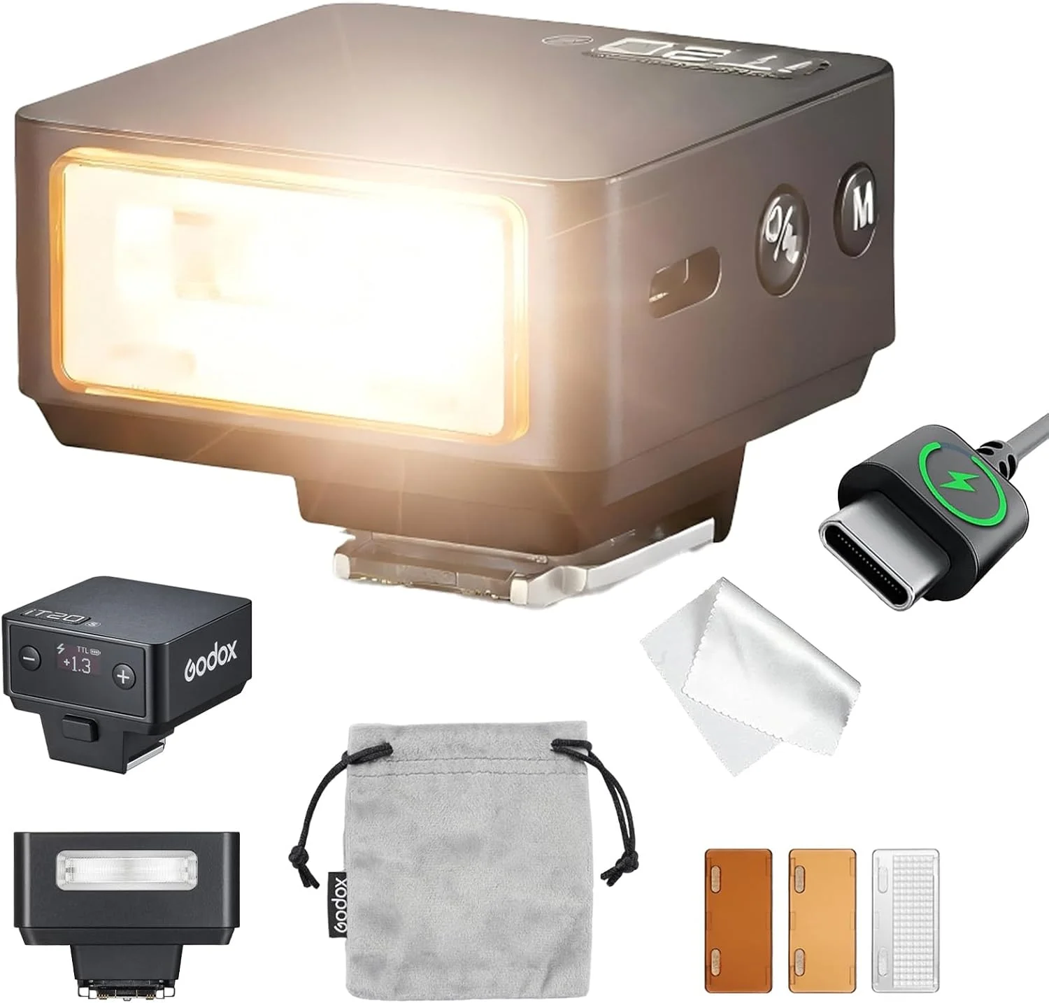 فلاش گودکس IT20 S برای سونی، فلاش مینی دوربین گودکس iT20S IT20 S، حالت های TTL/دستی، باتری 7.4 ولت 300 میلی آمپر ساعت، بازیافت 1.5 ثانیه، با افزایش ±⅓، تحریک هات شو، شامل پخش کننده/فیلتر رنگی (مشکی)