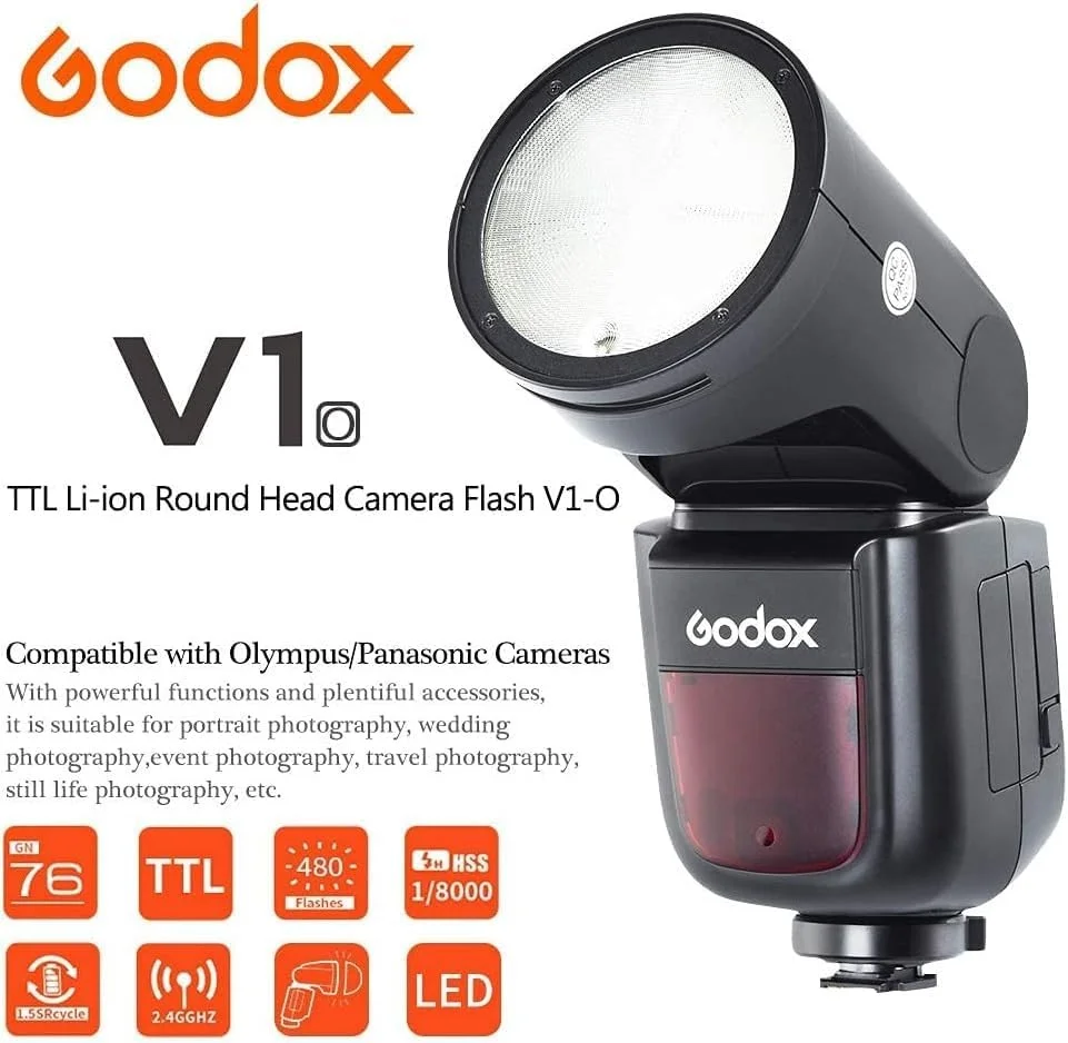فلاش اسپیدلایت گرد GODOX V1-O برای Olympus Panasonic 76Ws 2.4G TTL 1/8000 HSS زمان بازیافت 1.5 ثانیه 480 قدرت کامل باتری لیتیوم یونی 2600mah