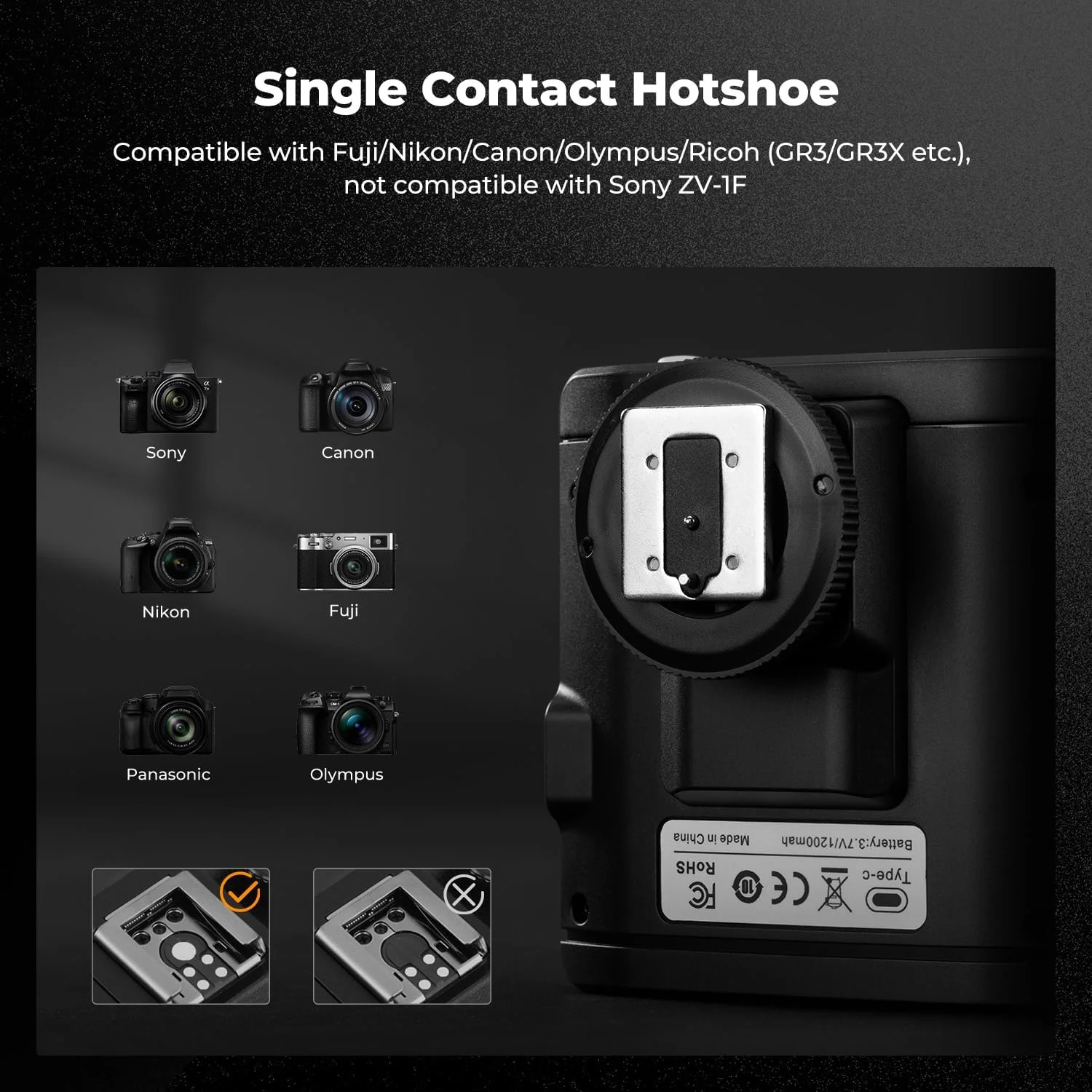 فلاش دوربین عکاسی K&F Concept، GN12/5600K، باتری داخلی 2000 میلی آمپر ساعتی برای دوربین های دیجیتال DSLR کانن/ فوجی فیلم/ سونی/ نیکون/ المپوس و سایر دوربین ها، فلاش با هات شو تک کنتاکت