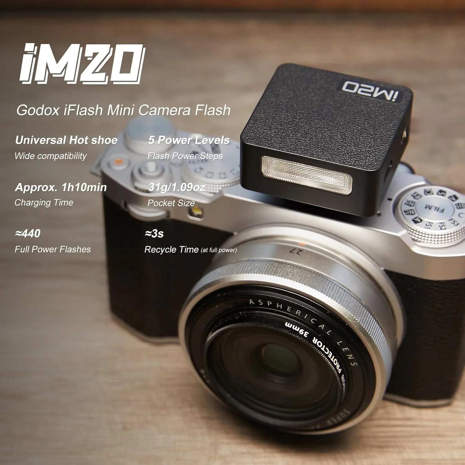 فلاش کوچک گودکس IM20 به همراه دیفیوزر برای دوربین های کانن، نیکون، سونی، فوجی، الیمپوس با هات شو تماسی، 230 فلاش، 5 سطح تنظیم قدرت