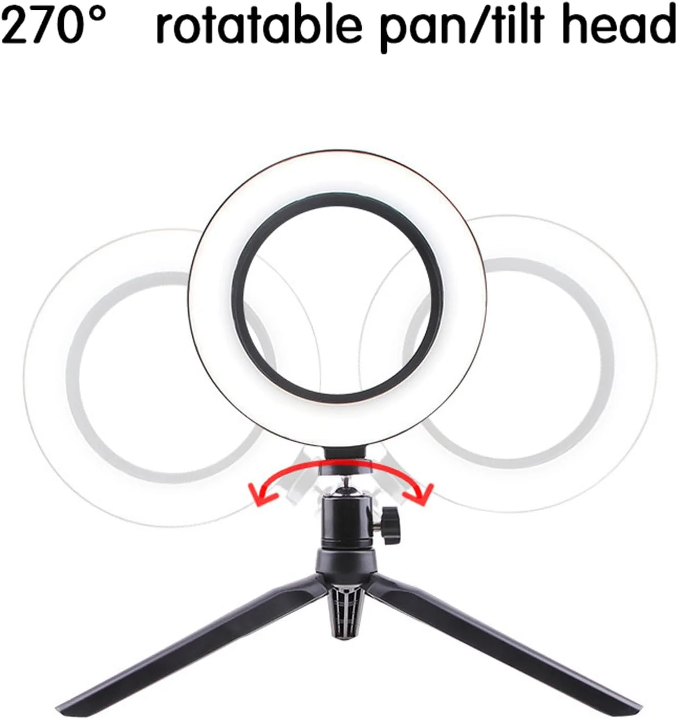 حلقه نور قابل تنظیم، حلقه نور با پایه، 3 دمای رنگ نور، شارژ USB، چرخش 360 درجه، نگهدارنده تلفن دوگانه، برای پخش زنده، فیلمبرداری، سلفی