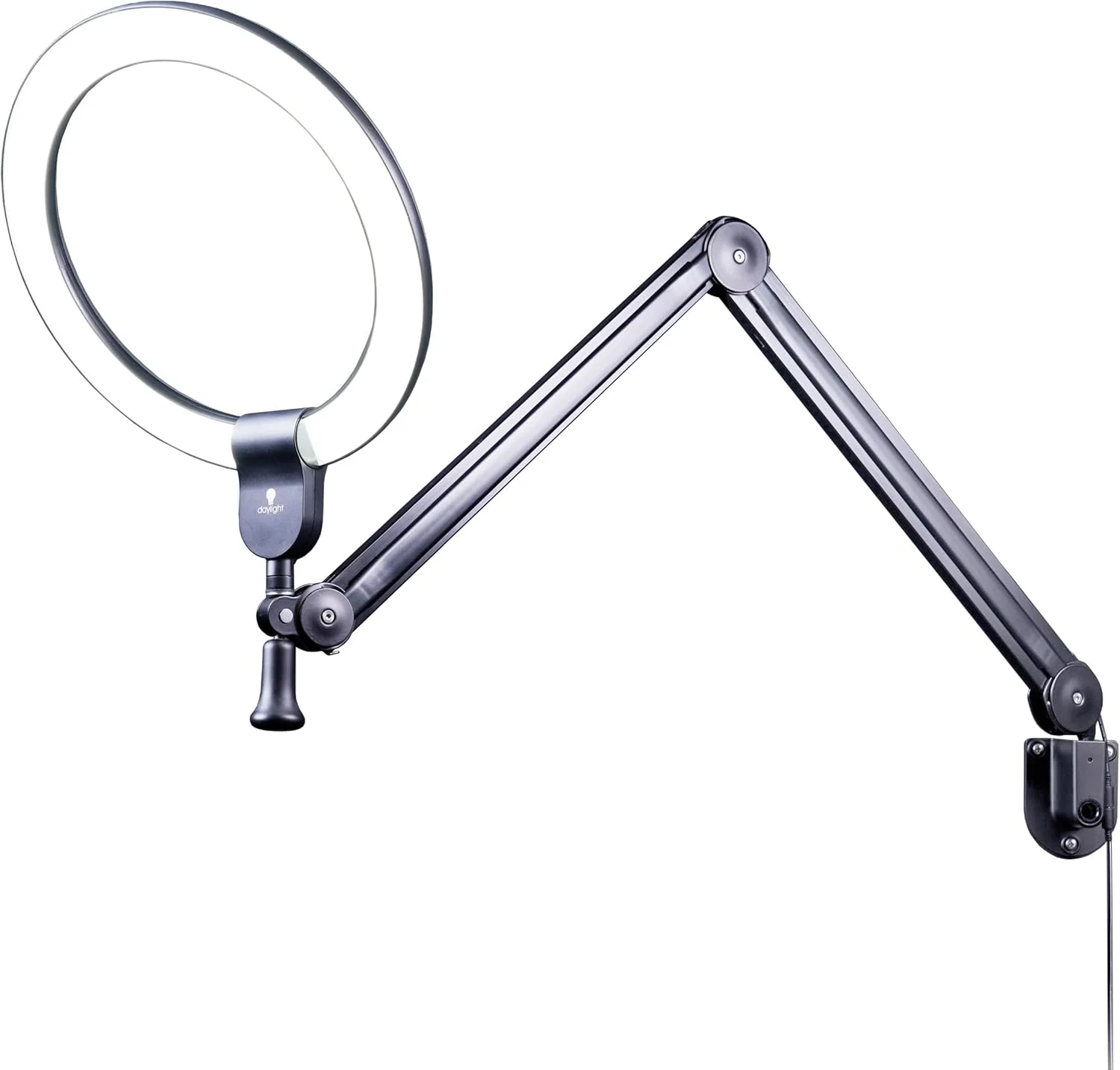 چراغ حلقوی Aura On Arm™ با نور روز – 4,500 لوکس در 30 سانتی‌متر، CRI 90+، LEDهای 6,000K نور روز، بازوی قابل افزایش تا 145 سانتی‌متر، دیمر پیوسته، قابل نصب روی دیوار/میز، سر چرخشی – مشکی