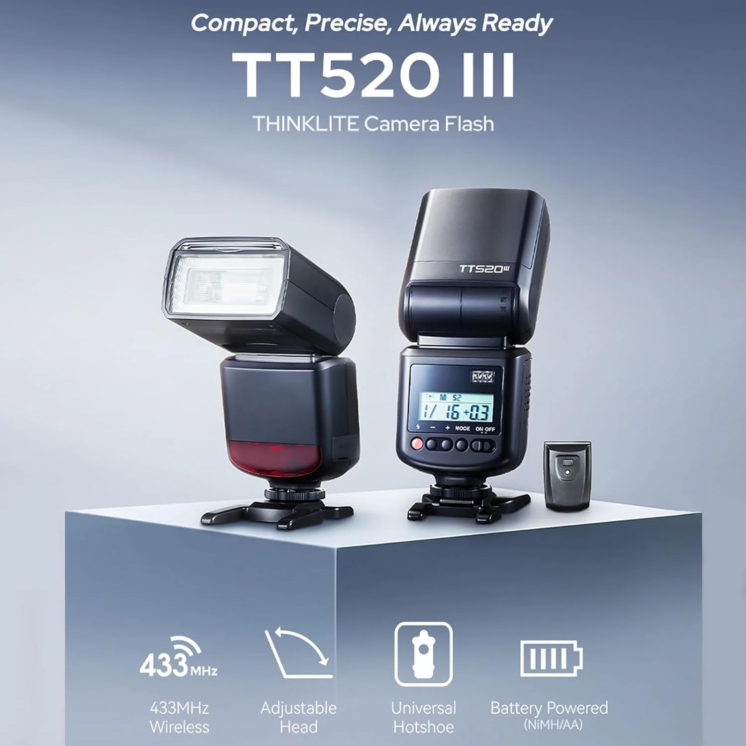 فلاش دوربین بی سیم Godox TT520III GN33 با 8 سطح قدرت و حالت های S1/S2 به همراه گیرنده 433MHz، دارای کفشک اتصال تکی سازگار با Canon Sony Nikon Fujifilm Olympus