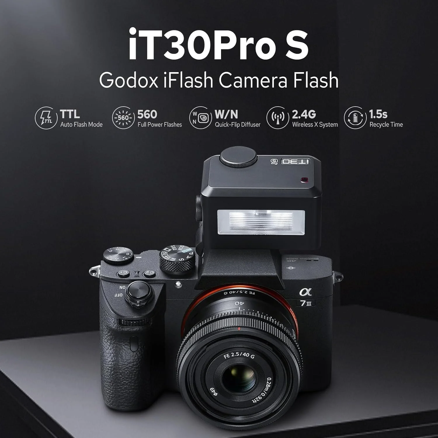 فلاش مینی TTL گودکس iT30Pro S برای سونی، صفحه لمسی 2.4G 1/8000s HSS، باتری داخلی سازگار با دوربین های سونی