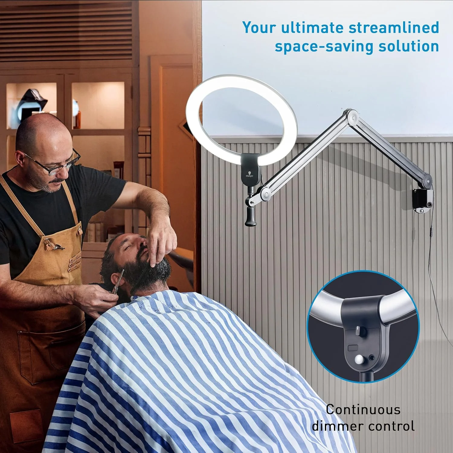 چراغ حلقوی Aura On Arm™ با نور روز – 4,500 لوکس در 30 سانتیمتر، CRI 90+، LEDهای 6,000K نور روز، بازوی قابل افزایش تا 145 سانتیمتر، دیمر پیوسته، قابل نصب روی دیوار/میز، سر چرخشی – مشکی چراغ حلقوی Aura On Arm™ با نور روز – 4,500 لوکس در 30 سانتیمتر، CRI 90+، LEDهای 6,000K نور روز، بازوی قابل افزایش تا 145 سانتیمتر، دیمر پیوسته، قابل نصب روی دیوار/میز، سر چرخشی – مشکی