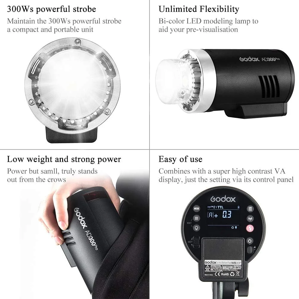 فلاش استروب بیرونی گودوکس AD300PRO 300W TTL 1/8000 HSS با باتری قابل شارژ 2600mAh و سرعت بازیافت سریع 0.01-1.5 ثانیه (AD300PRO)