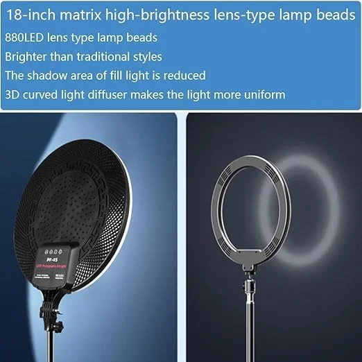 نور عکاسی PF-45: نور پرکننده دایره ای 18 اینچی 60 واتی با روشنایی بالا برای استریمینگ حرفه ای و بهبود زیبایی