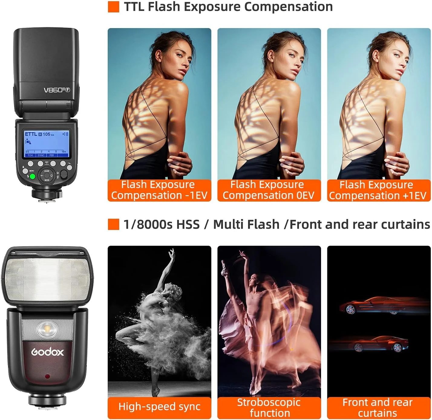 فلاش دوربین گودوکس V860III-F مستر اسلیو اسپیدلایت 1/8000 ثانیه HSS GN60 باتری قابل شارژ 2600 میلی آمپر سازگار با فوجی X-T2 X-A3 X-T1 X100F X100T X-Pro2، تنظیم نور، رهاسازی سریع