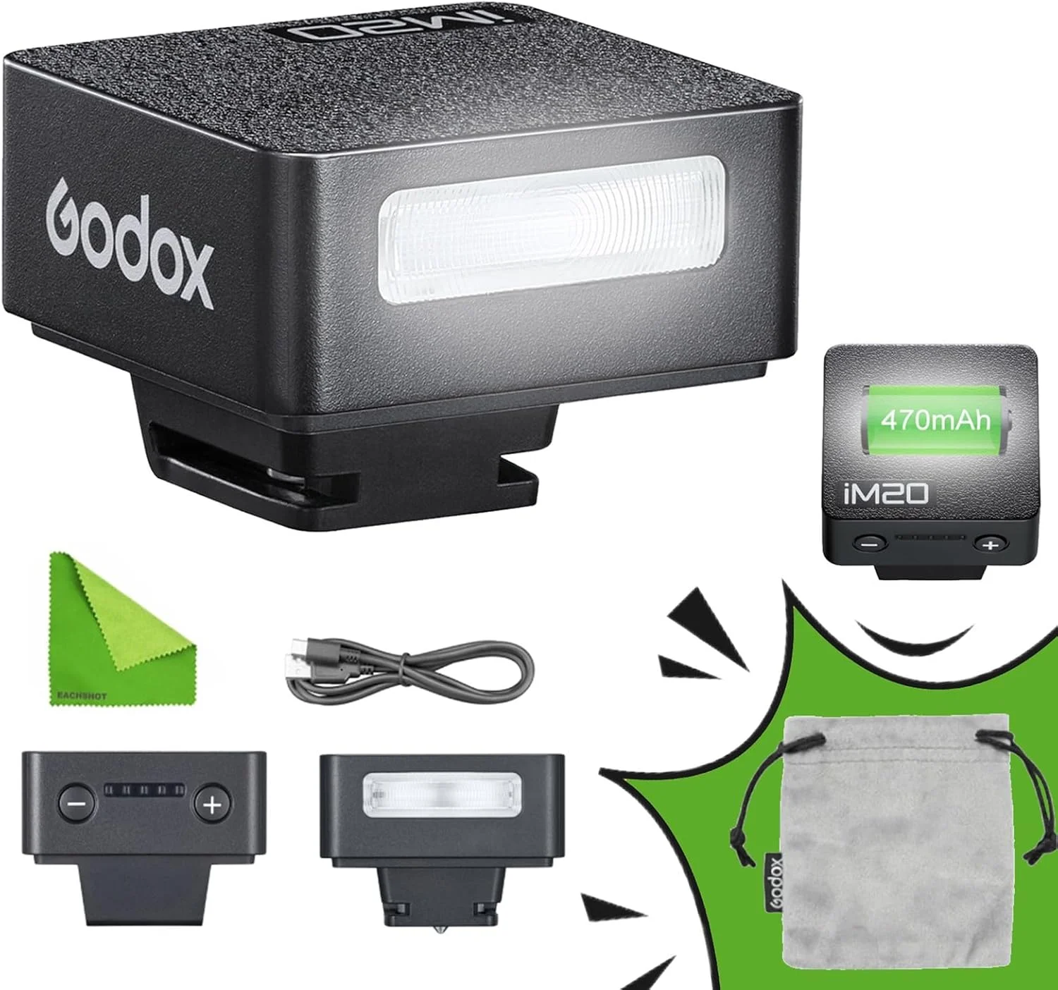 فلاش دوربین مینی فوق العاده قابل حمل گودکس iM20 با باتری لیتیومی داخلی، شارژ USB-C و هات شو یونیورسال سازگار با Sony zve10,zv1,a7iii/Ricoh gr3,gr3x/Fujifilm f1، نه برای ZV-1F