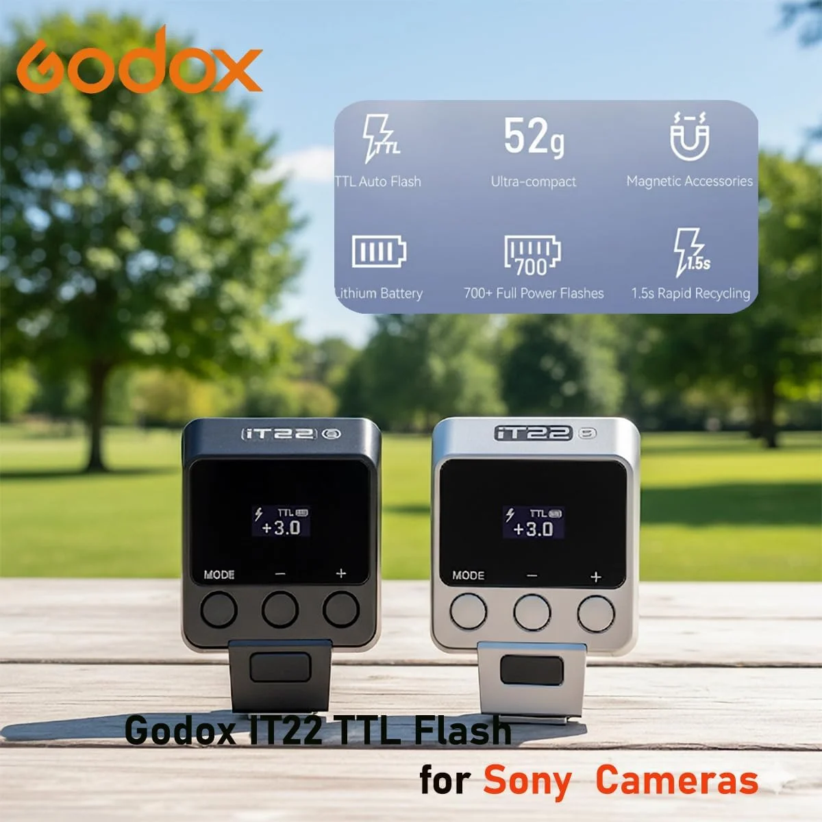 فلاش کوچک TTL گودکس IT22 S، فلاش دوربین iT22S برای سونی، فلاش TTL گودکس، 700+ فلاش / بازیافت 1.5 ثانیه / 1/32～1/1، قابل تنظیم در ±1/3 افزایش / شارژ USB-C / تریگر هات شو، همراه با پخش کننده و فیلترهای رنگی