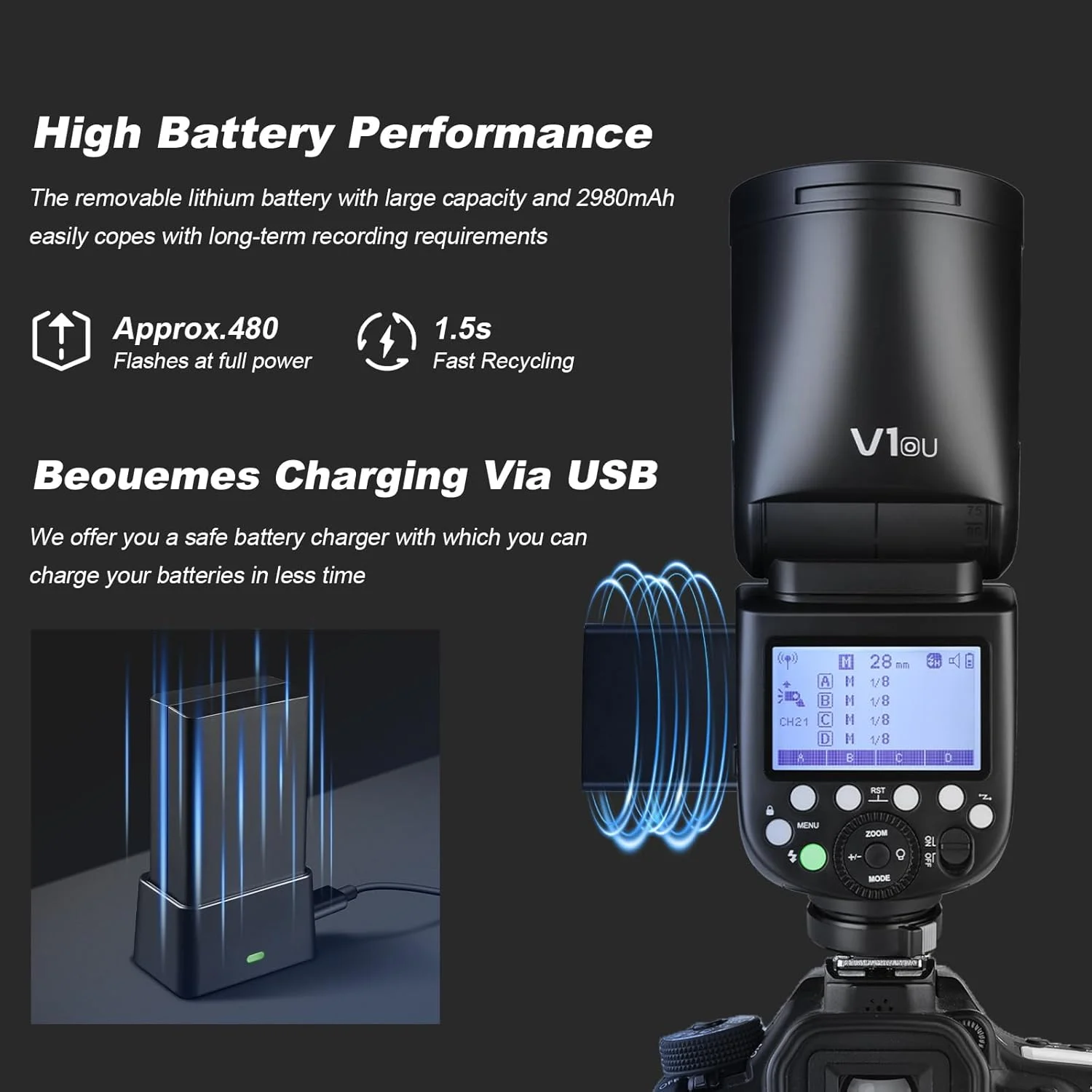 فلاش گرد Godox V1 مخصوص Olympus TTL به همراه 2 عدد باتری 76 وات 2600 میلی آمپر، 480 شات با قدرت کامل، HSS 1/8000 ثانیه، زمان بازیافت 1.5 ثانیه، لامپ مدلینگ LED با 10 سطح (V1 برای Olympus)