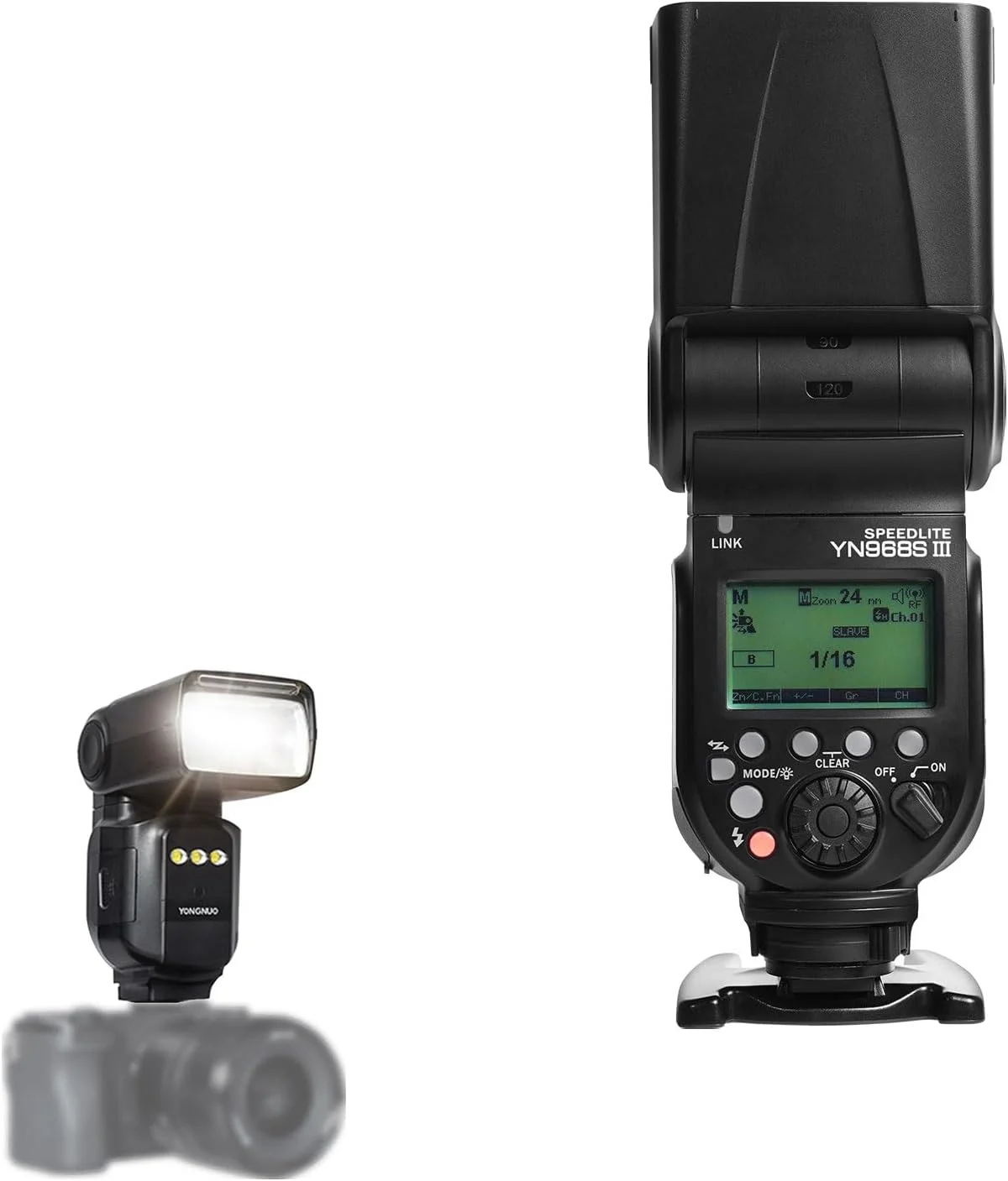 فلاش دوربین YN968S III TTL با عدد راهنمای 60 و طول فوکوس 20-200 میلی‌متر، فلاش بی‌سیم دوربین، TTL M Multi GR با قابلیت تنظیم روشنایی و زاویه روی دوربین