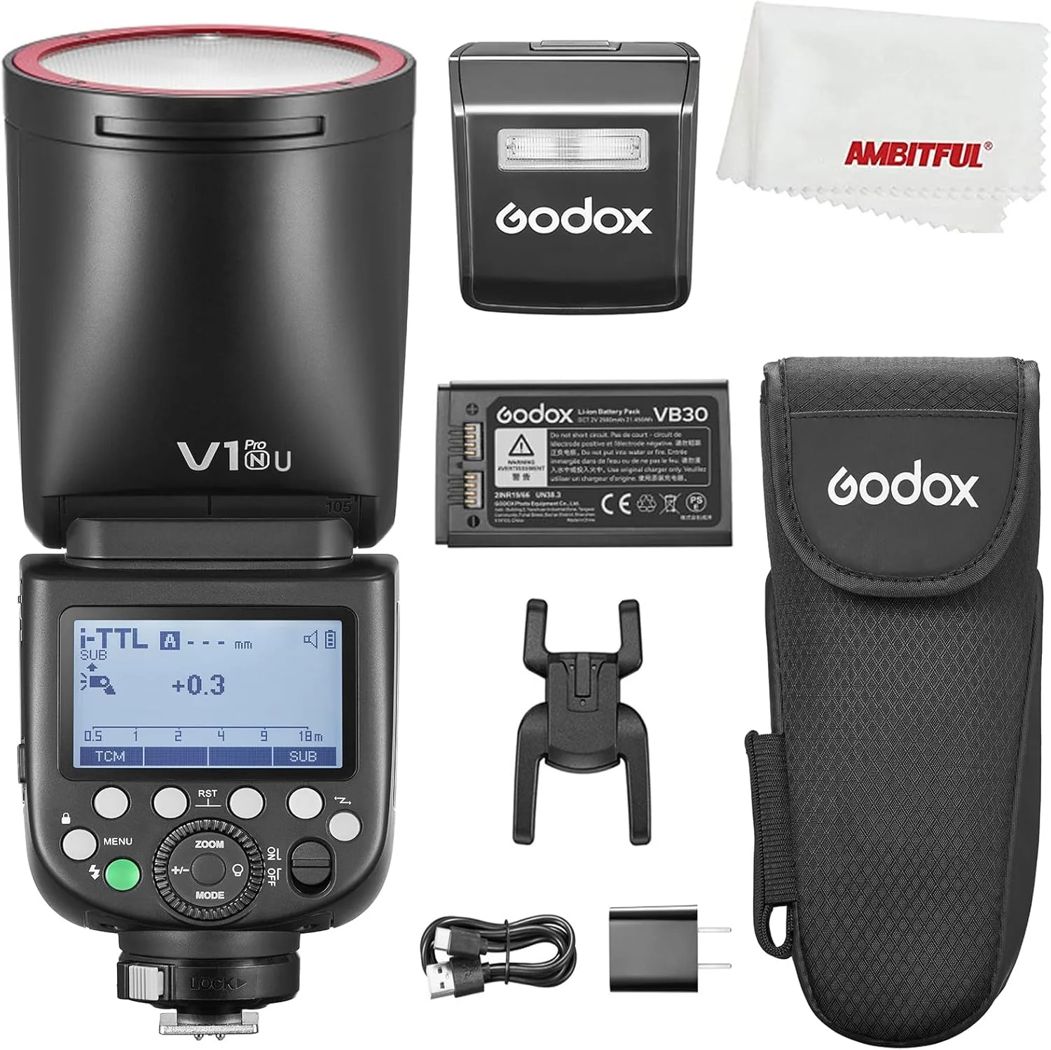 فلاش دوربین Godox V1 Pro V1pro N با سر گرد، توان 76 وات، HSS 1/8000 ثانیه، باتری لیتیومی داخلی، لامپ مدلینگ LED، فلاش خارجی نوآورانه SU-1 برای دوربین نیکون