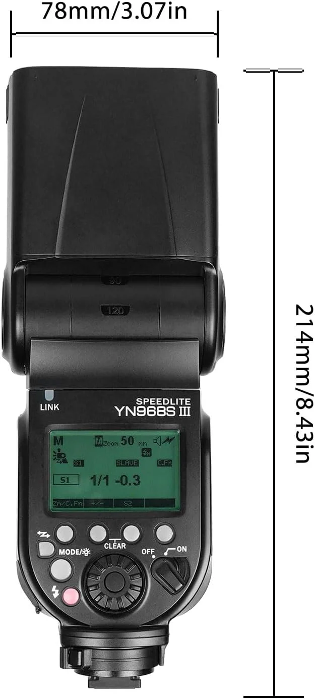 فلاش دوربین YN968S III TTL با عدد راهنمای 60 و طول فوکوس 20-200 میلی‌متر، فلاش بی‌سیم دوربین، TTL M Multi GR با قابلیت تنظیم روشنایی و زاویه روی دوربین