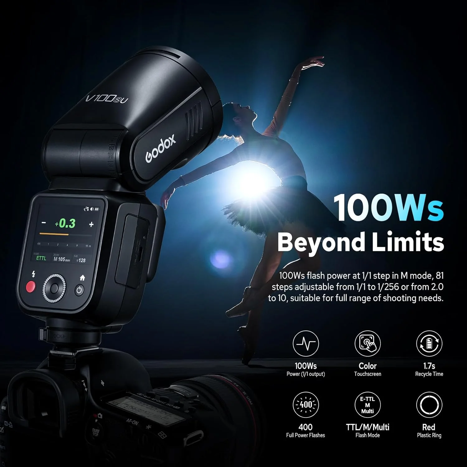 فلاش گودکس V100 S V100-S برای سونی، 100 وات TTL سونی Speedlite HSS 1/8000S، کنترل صفحه لمسی، باتری لیتیومی، 400 فلاش با قدرت کامل، فلاش خارجی بی سیم 2.4G برای عکاسی (نسخه ایالات متحده)
