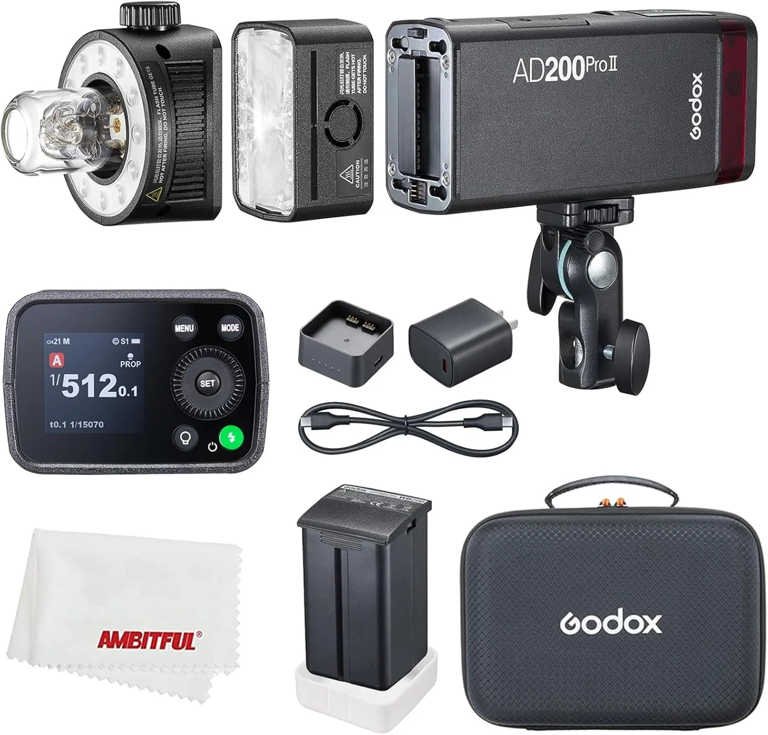 فلاش استروب گودکس AD200 Pro II، 200Ws، 1/512~1/1، 1/8000 HSS، زمان بازیافت 0.01-1.8 ثانیه، باتری 2980mAh، سیستم X وایرلس 2.4G، سر فلاش لامپ لخت/اسپیدلایت فرسنل