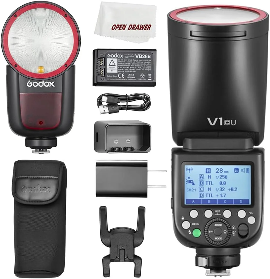 فلاش دوربین گودکس V1C با سر گرد، فلاش TTL 2.4G، همگام‌سازی پرسرعت 1/8000 ثانیه، باتری لیتیومی داخلی، لامپ مدلینگ LED با 10 سطح روشنایی، زمان بازیافت 1.5 ثانیه برای دوربین کانن