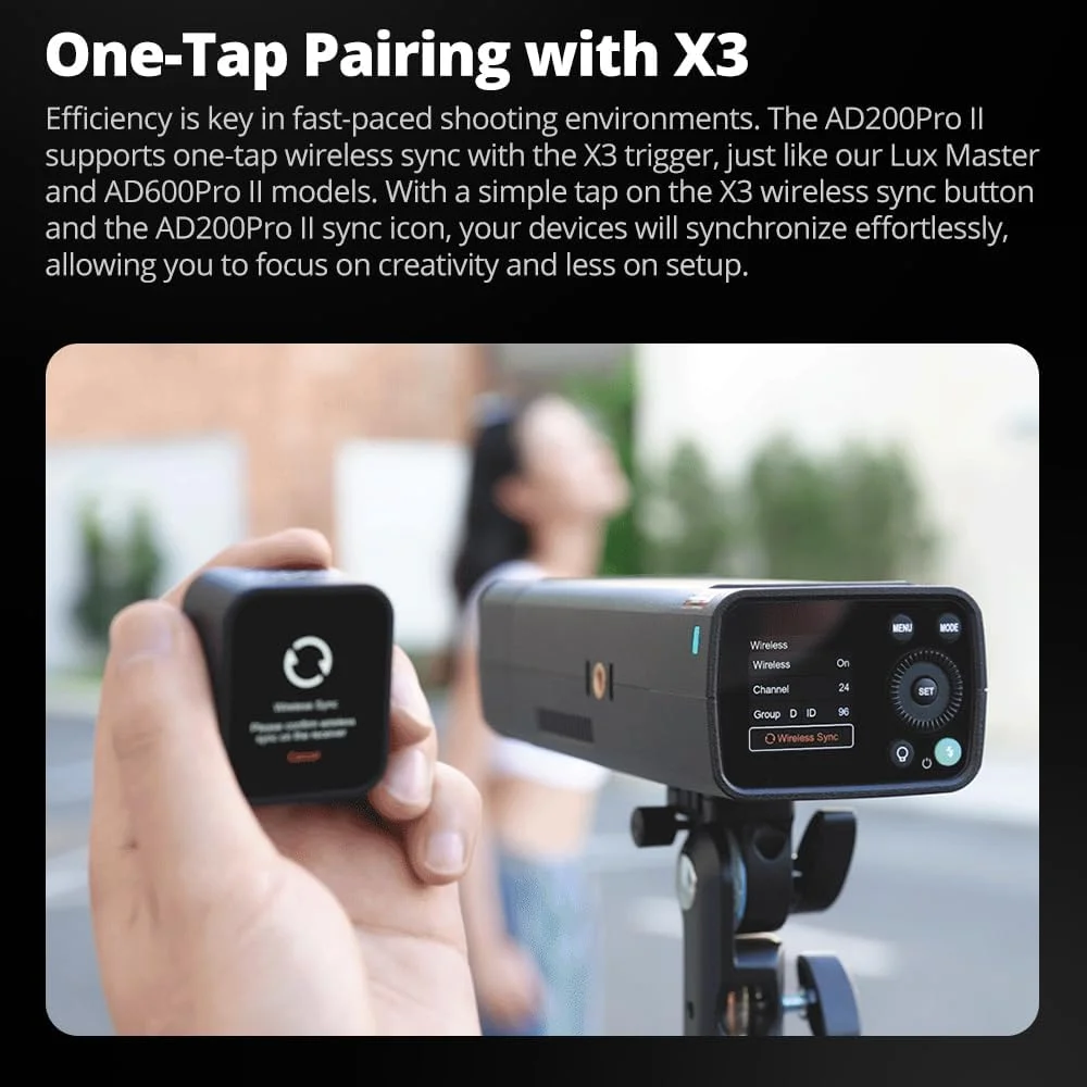 فلاش استروب گودکس AD200 Pro II، 200Ws، 1/512~1/1، 1/8000 HSS، زمان بازیافت 0.01-1.8 ثانیه، باتری 2980mAh، سیستم X وایرلس 2.4G، سر فلاش لامپ لخت/اسپیدلایت فرسنل