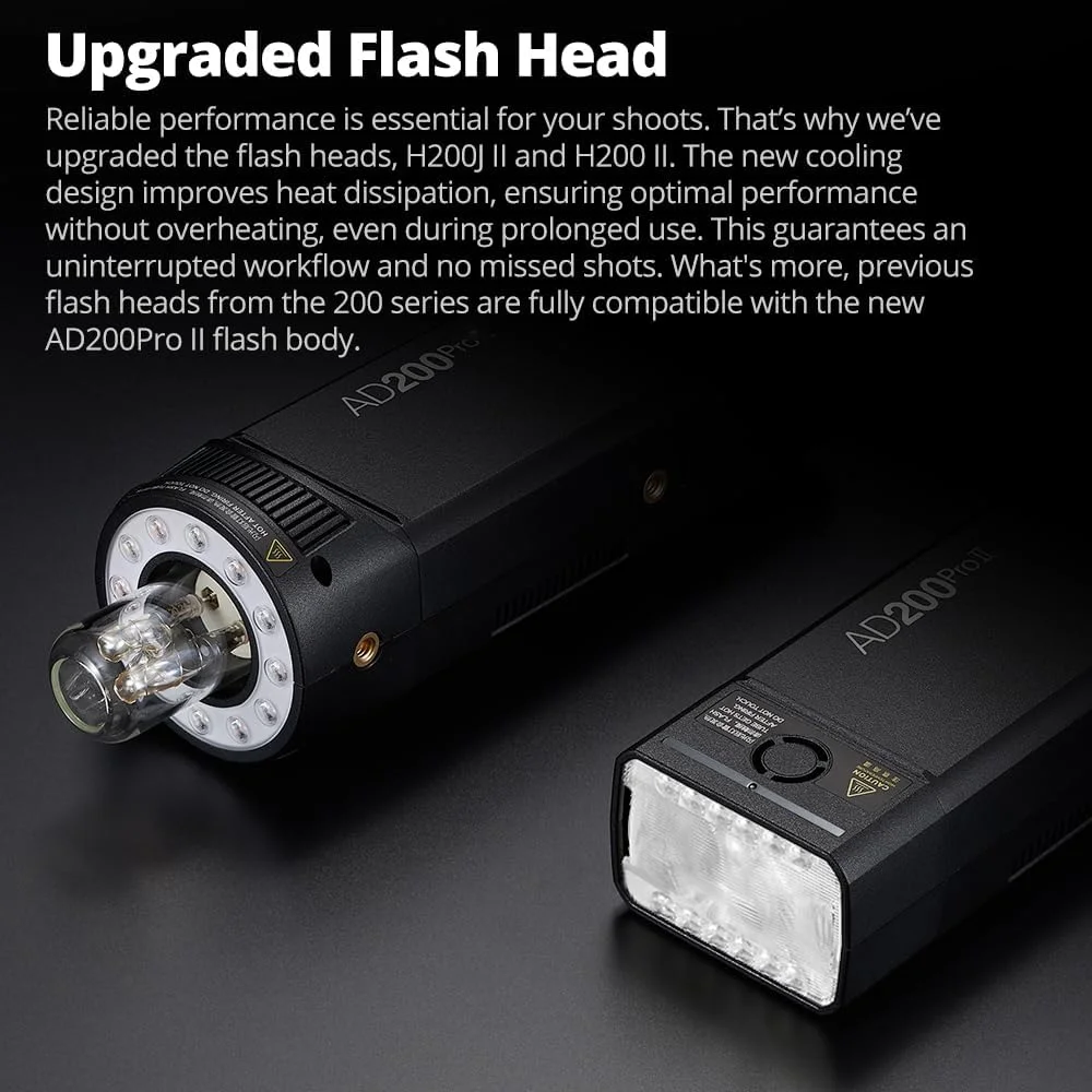 فلاش استروب گودکس AD200 Pro II، 200Ws، 1/512~1/1، 1/8000 HSS، زمان بازیافت 0.01-1.8 ثانیه، باتری 2980mAh، سیستم X وایرلس 2.4G، سر فلاش لامپ لخت/اسپیدلایت فرسنل