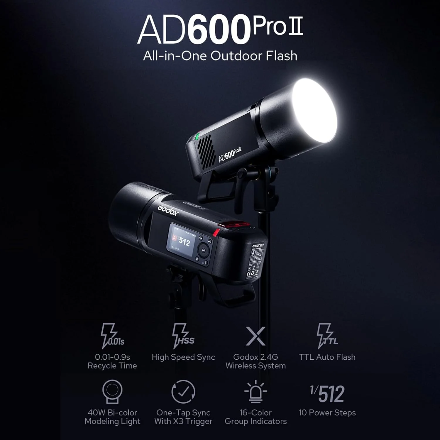 فلاش اکسترنال همه کاره گودکس AD600Pro II، 600 وات، وایرلس 2.4G، اسپیدلایت TTL اتوماتیک، همگام‌سازی پرسرعت 1/8000 ثانیه، زمان بازیافت 0.01-0.09 ثانیه، دارای لامپ مدلینگ دو رنگ 40 وات، باتری لیتیومی 2600 میلی آمپر
