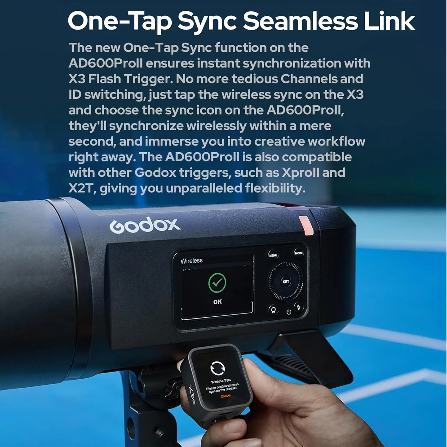 فلاش اکسترنال همه کاره گودکس AD600Pro II، 600 وات، وایرلس 2.4G، اسپیدلایت TTL اتوماتیک، همگام‌سازی پرسرعت 1/8000 ثانیه، زمان بازیافت 0.01-0.09 ثانیه، دارای لامپ مدلینگ دو رنگ 40 وات، باتری لیتیومی 2600 میلی آمپر