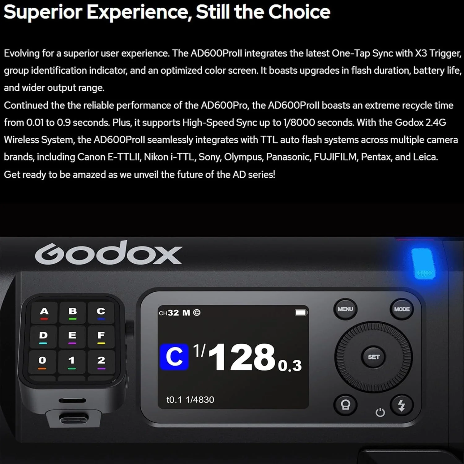 فلاش استودیویی پرتابل گودکس AD600 Pro II 600Ws G87 با نور مدلینگ LED دو رنگ 40 واتی، زمان بازیافت 0.01 تا 0.9 ثانیه و سیستم TTL 2.4G HSS 1/8000 فلاش استودیویی پرتابل گودکس AD600 Pro II 600Ws G87 با نور مدلینگ LED دو رنگ 40 واتی، زمان بازیافت 0.01 تا 0.9 ثانیه و سیستم TTL 2.4G HSS 1/8000