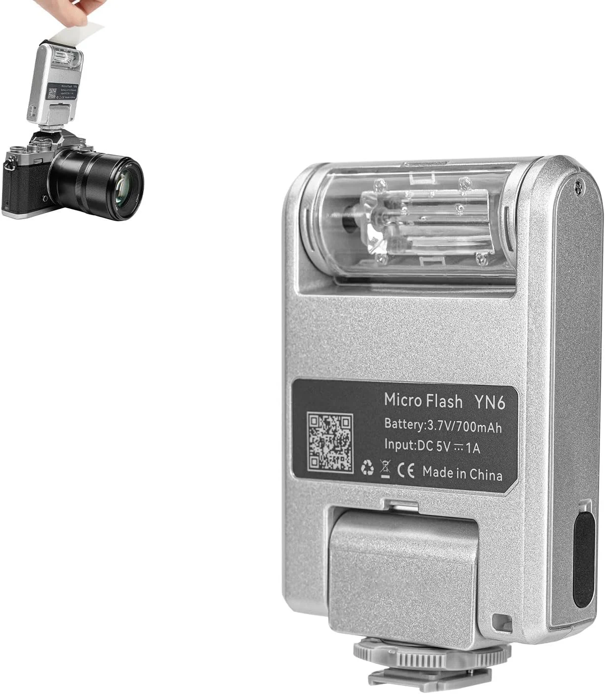 فلاش اکسترنال کوچک Yongnuo YN6 با مانت اتصال کفشکی، فلاش دستی GN8 با 4 سطح قدرت، چرخش 105 درجه و دمای رنگ 5600K، قابل شارژ Type C برای دوربین های DSLR و بدون آینه (نقره ای)