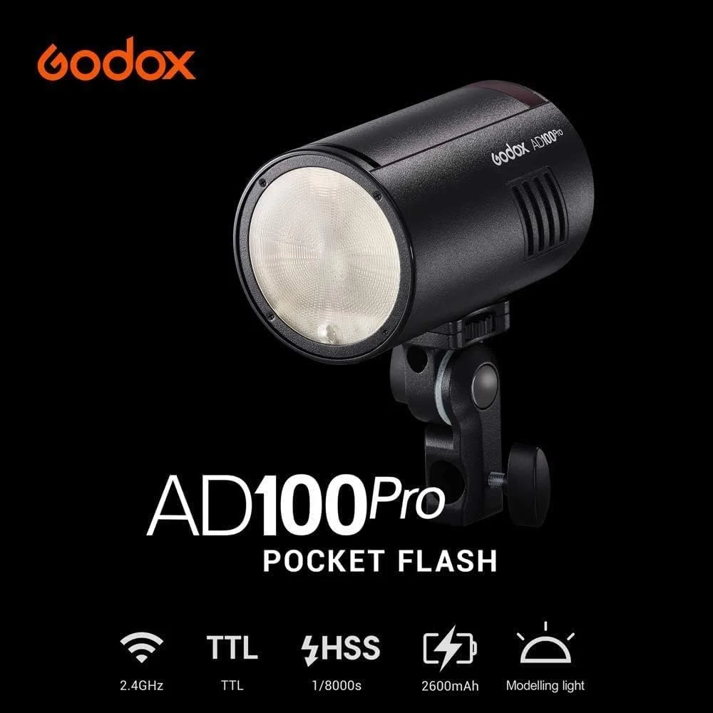 فلاش جیبی گودکس AD100Pro 100Ws TTL 2.4G HSS 1/8000s، باتری لیتیومی 7.2V/2600mAh، 360 فلاش با قدرت کامل، بازیافت 0.01-1.5 ثانیه