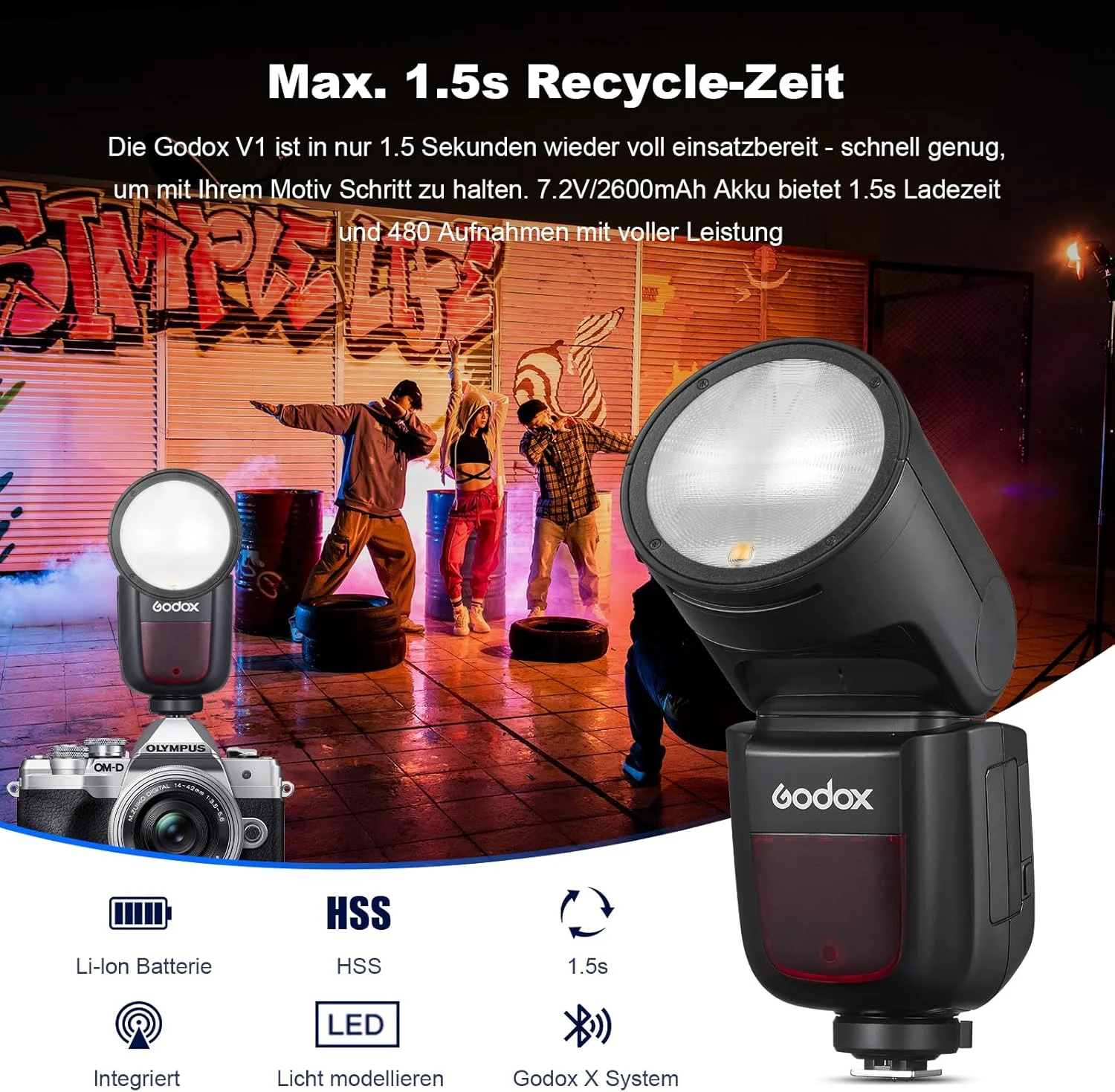 فلاش گرد GODOX V1O، فلاش دوربین حرفه ای گرد 76 وات، اسپیدلایت 1/8000 HSS سیستم X بی سیم 2.4G i-TTL با باتری لیتیوم-یون 2600 میلی آمپر سازگار با Olympus