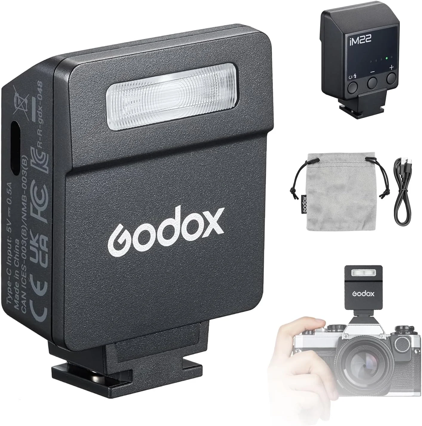 فلاش دوربین کوچک گودکس iM22، باتری 470 میلی آمپر ساعت، 5 سطح قدرت، زمان بازیافت 3 ثانیه، 440 فلاش با قدرت کامل، فلاش دستی سازگار با فوجی/کانن/سونی/نیکون/پاناسونیک/المپوس