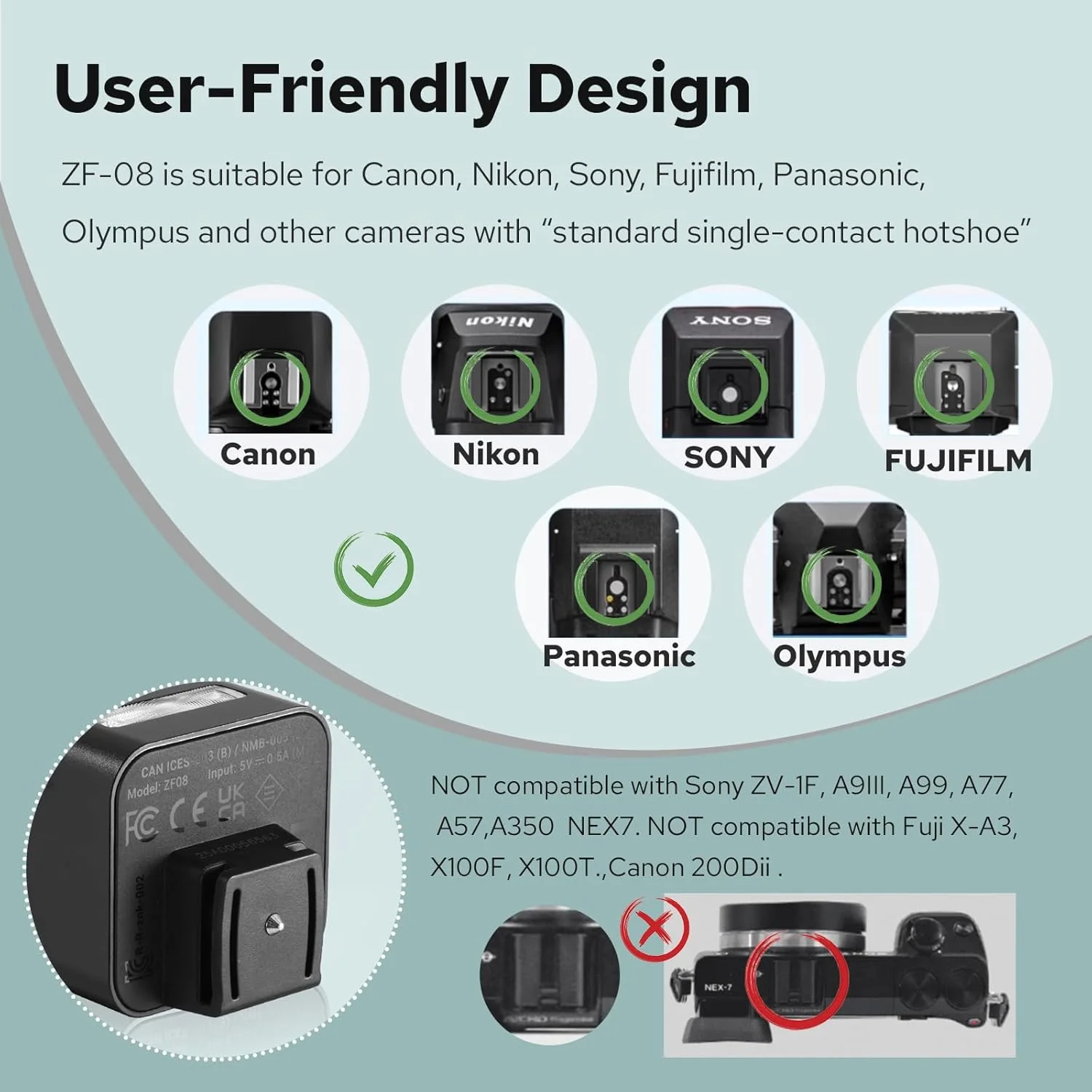 فلاش کوچک آلومینیومی ZF08، نور فلاش دوربین CCT 6500K±200K برای دوربین های Canon، Nikon، Sony، Fuji، Leica و سایر دوربین های SLR با کفشک اتصال تکی (مشکی)