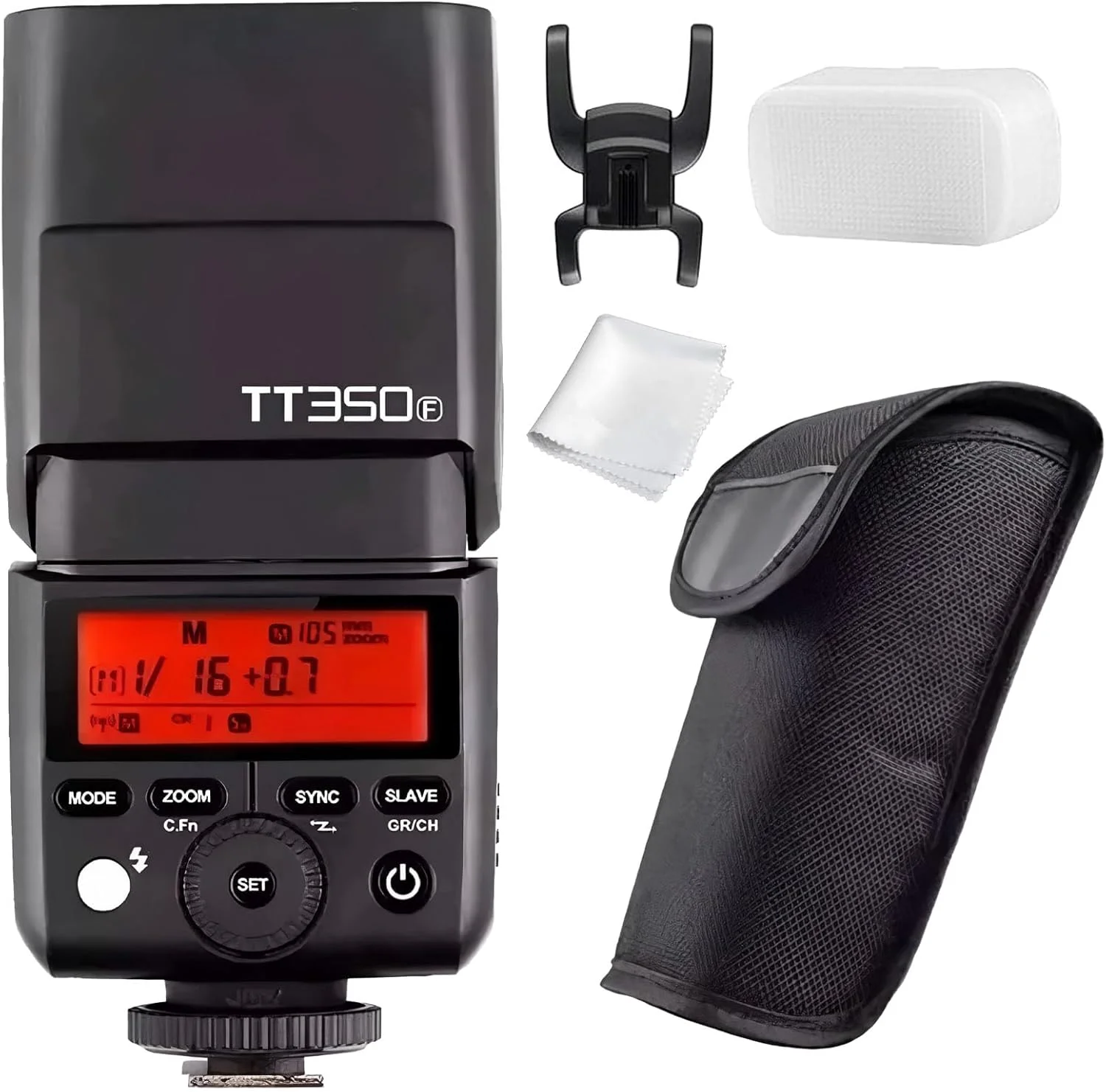 فلاش اسپیدلایت دوربین گودکس TT350F 2.4G HSS 1/8000s TTL GN36 برای دوربین های فوجی X-Pro2 X-T20 X-T2 X-T1 X-Pro1 X-T10 X-E1 X-A3 X100F X100T به همراه فیلترهای رنگی و دستمال تمیز کننده