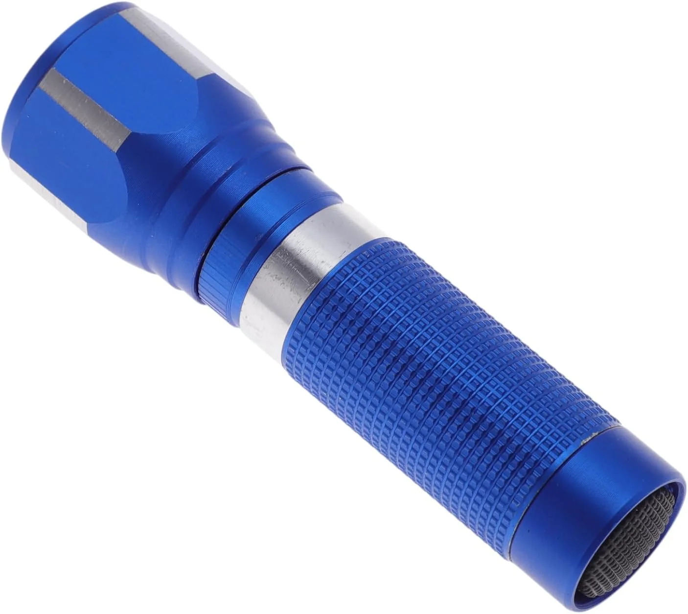 یک عدد چراغ قوه حلقه نقره ای، چراغ قوه با باتری قلمی، پرتوهای ال ای دی روشن، آلیاژ آلومینیوم آبی، 8.8x2.6x2.6 سانتی متر