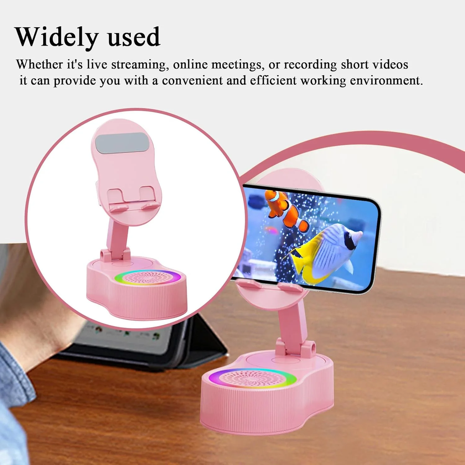 پایه تلفن همراه برای میز - پایه موبایل - پایه قابل تنظیم RGB قابل حمل با بلندگو میکروفون برای پیشخوان، میز آرایش، کنار تخت، مسافرت، ماشین، هواپیما، اتاق خواب