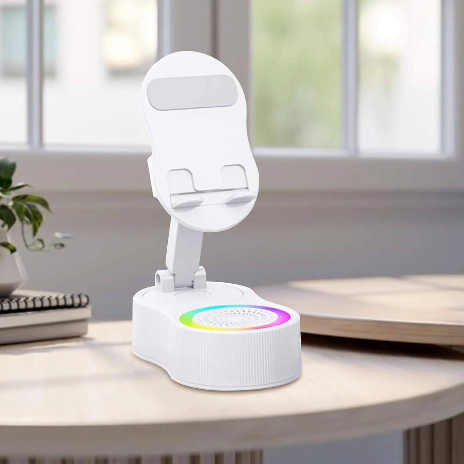 پایه نگهدارنده تلفن همراه - پایه رومیزی تلفن همراه - پایه قابل تنظیم قابل حمل RGB با میکروفون و بلندگو برای پیشخوان، میز آرایش، میز کنار تخت، مسافرت، ماشین، هواپیما، اتاق خواب