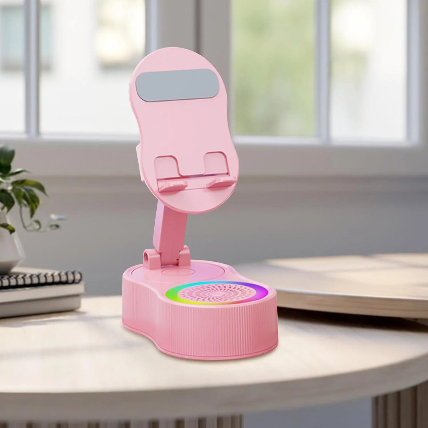پایه تلفن همراه برای میز - پایه موبایل - پایه قابل تنظیم RGB قابل حمل با بلندگو میکروفون برای پیشخوان، میز آرایش، کنار تخت، مسافرت، ماشین، هواپیما، اتاق خواب