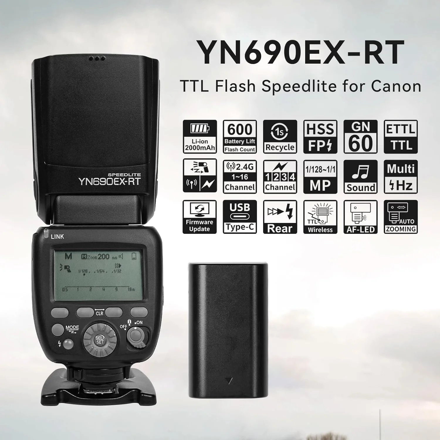 فلاش بی‌سیم YONGNUO YN690EX-RT، GN60 TTL HSS 1/8000s فلاش دوربین اصلی و فرعی اپتیکال برای Canon، باتری لیتیوم یونی 2000mAh با رابط شارژ Type-C (ارسال سافت باکس نور)