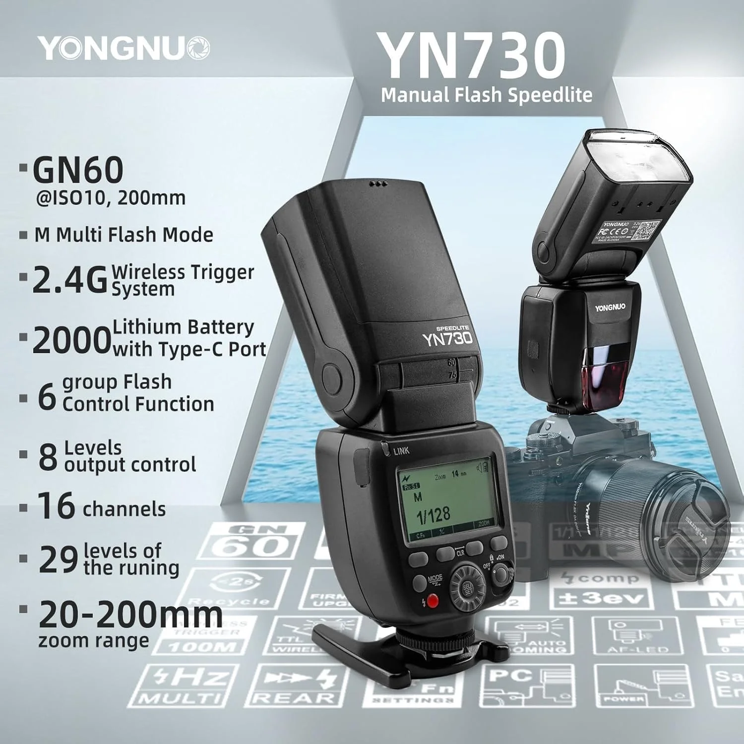 فلاش اسپیدلایت YONGNUO YN730، با باتری لیتیومی 2000 میلی آمپر ساعتی، GN60 2.4G بی سیم با هات شو استاندارد، حالت مستر اسلیو برای دوربین های کانن نیکون الیمپوس سونی فوجی (ارسال سافت باکس نور) فلاش اسپیدلایت YONGNUO YN730، با باتری لیتیومی 2000 میلی آمپر ساعتی، GN60 2.4G بی سیم با هات شو استاندارد، حالت مستر اسلیو برای دوربین های کانن نیکون الیمپوس سونی فوجی (ارسال سافت باکس نور)