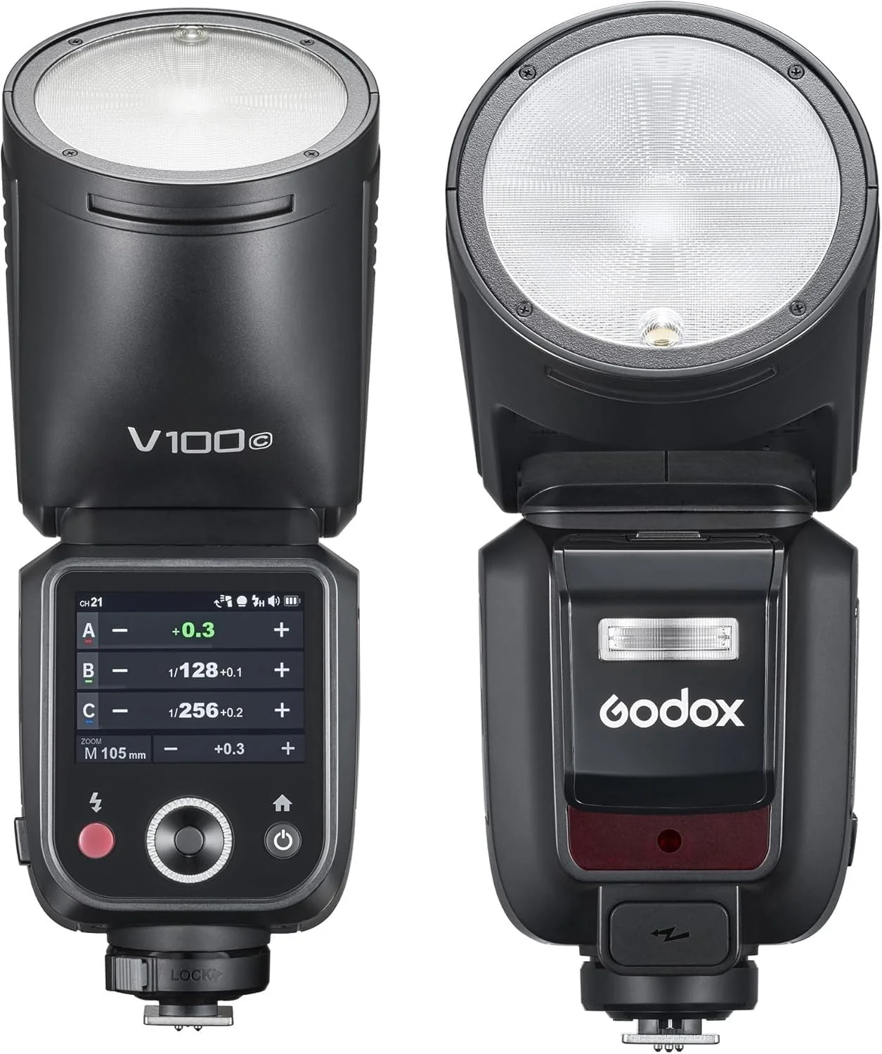فلاش دوربین Godox V100C با سر گرد برای دوربین های Canon EOS، 100 وات TTL HSS 1/8000s با نور LED داخلی 2.4G