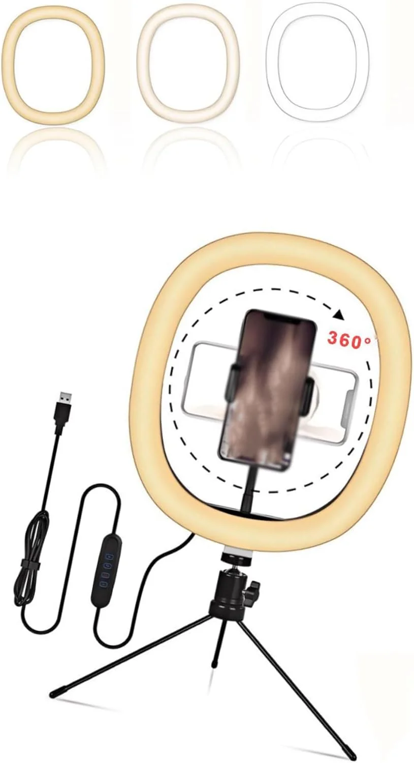 حلقه نور 10 اینچی با قابلیت تنظیم نور - 3 حالت رنگی، مناسب برای عکاسی با آیفون و اندروید، ولاگ، پخش زنده، آموزش های آرایشی
