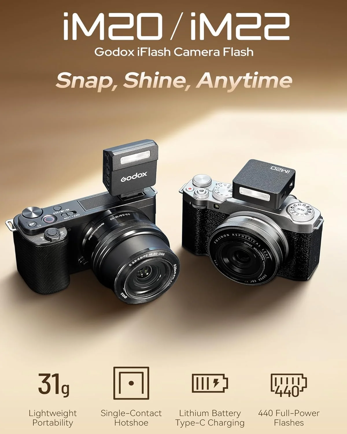 فلاش دوربین گودکس iM22 iFlash با قابلیت حمل آسان، باتری لیتیومی با درگاه شارژ Type-C و ۴۴۰ فلاش با قدرت کامل