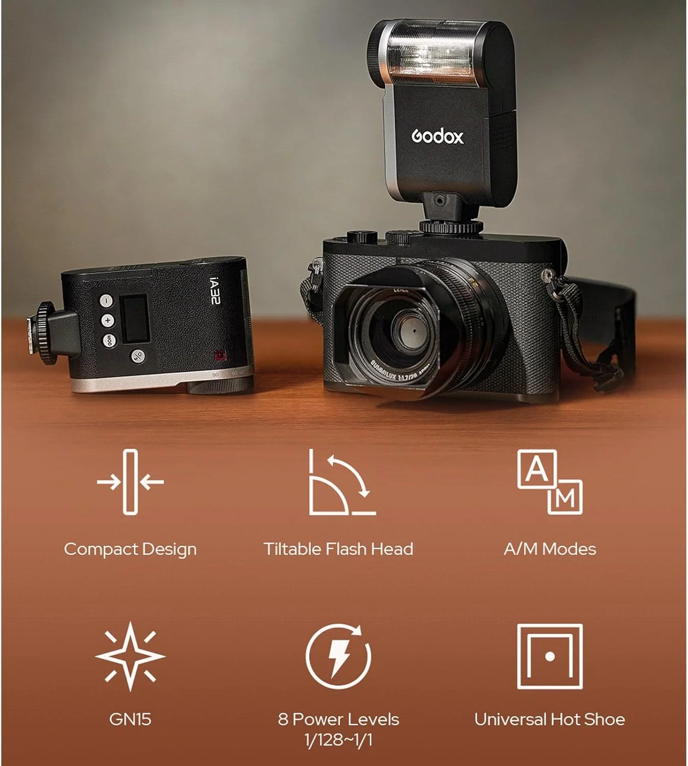 فلاش دوربین گودکس iA32 iFlash Mini Speedlite GN15 حالت A/M با تریگر اپتیکال S1/S2 و سر فلاش قابل تنظیم برای دوربین های فوجی، کانن، نیکون، سونی، المپوس، پاناسونیک فلاش دوربین گودکس iA32 iFlash Mini Speedlite GN15 حالت A/M با تریگر اپتیکال S1/S2 و سر فلاش قابل تنظیم برای دوربین های فوجی، کانن، نیکون، سونی، المپوس، پاناسونیک