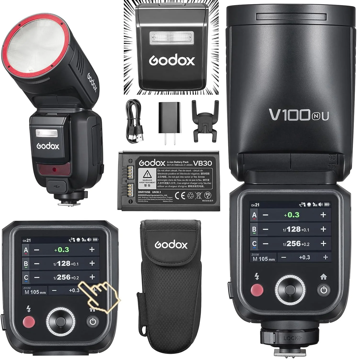 فلاش گودکس V100 مدل V100-N نسخه ایالات متحده آمریکا با سر گرد و صفحه لمسی، فلاش 100Ws با همگام سازی شاتر سراسری 1/80000، HSS 1/8000، باتری لیتیومی داخلی، لامپ مدلینگ LED با 10 سطح روشنایی، برای دوربین نیکون