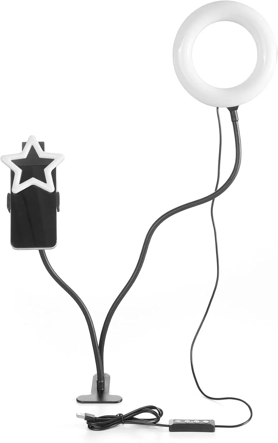 کیت نور حلقه ای LED مناسب سبک زندگی شهری با 3 حالت نور سفید قابل تنظیم و گیره، دارای سیم USB و قابلیت کار با باتری، قابل حمل برای تماس های ویدیویی، تولید محتوا و سلفی