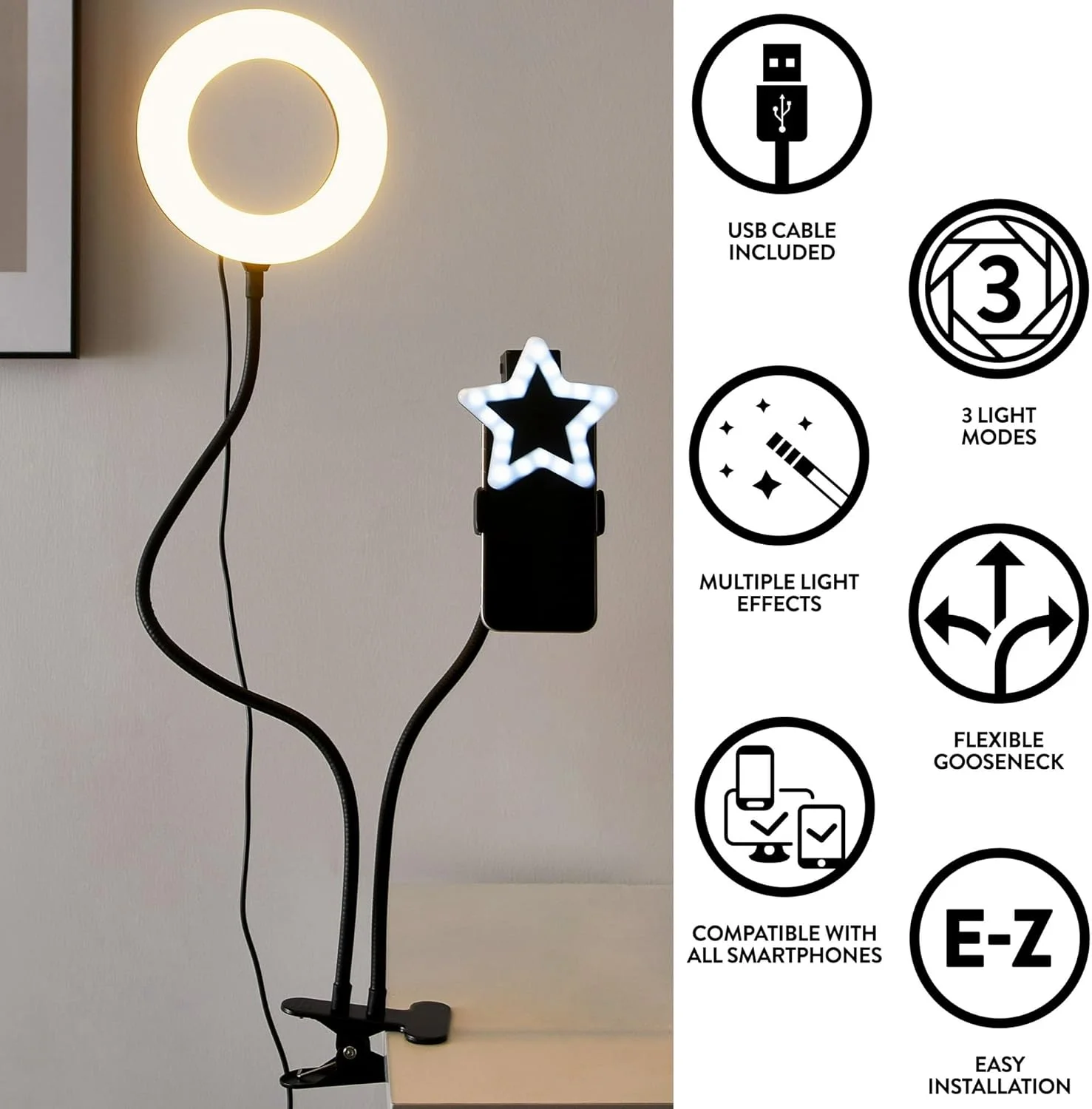 کیت نور حلقه ای LED مناسب سبک زندگی شهری با 3 حالت نور سفید قابل تنظیم و گیره، دارای سیم USB و قابلیت کار با باتری، قابل حمل برای تماس های ویدیویی، تولید محتوا و سلفی کیت نور حلقه ای LED مناسب سبک زندگی شهری با 3 حالت نور سفید قابل تنظیم و گیره، دارای سیم USB و قابلیت کار با باتری، قابل حمل برای تماس های ویدیویی، تولید محتوا و سلفی