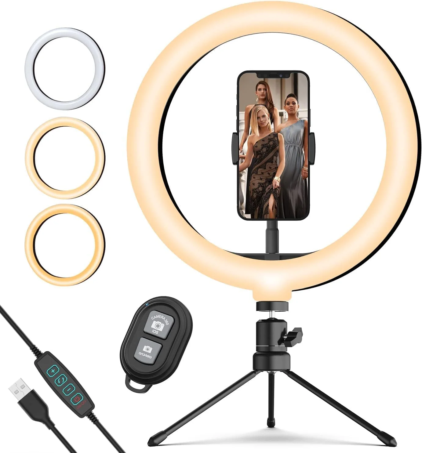 نور حلقه ای سلفی 10.2 اینچی با پایه و نگهدارنده تلفن، چراغ های دایره ای LED، چراغ های حلقه ای رومیزی با قابلیت تنظیم نور 3500K-6500K، دارای 3 رنگ نور و 10 سطح روشنایی برای ویدیوهای تلفن، پخش زنده TikTok و آرایش