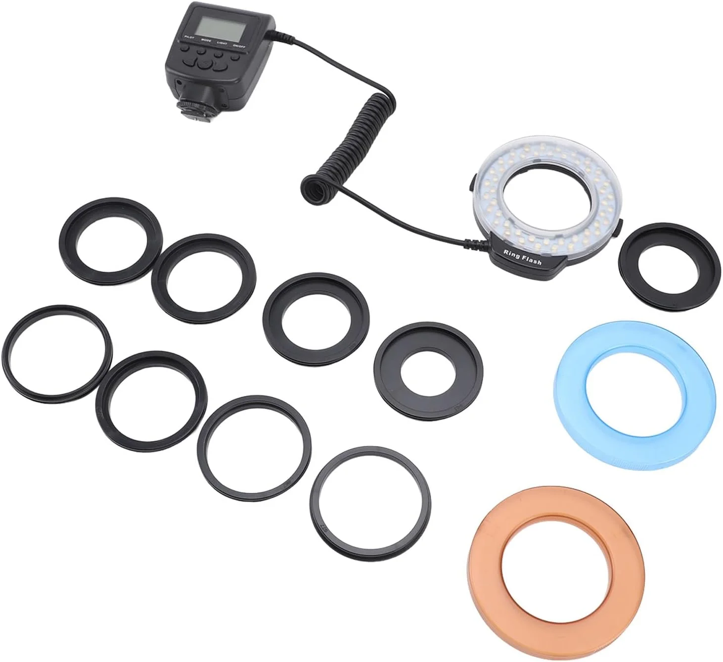 فلاش ماکرو LED مدل VELATEMOR، نمایشگر LCD، ۴۸ LED، ۷ حالت روشنایی، ۹ حلقه آداپتور، دیفیوزر فلاش آبی/نارنجی، برای دوربین های DSLR