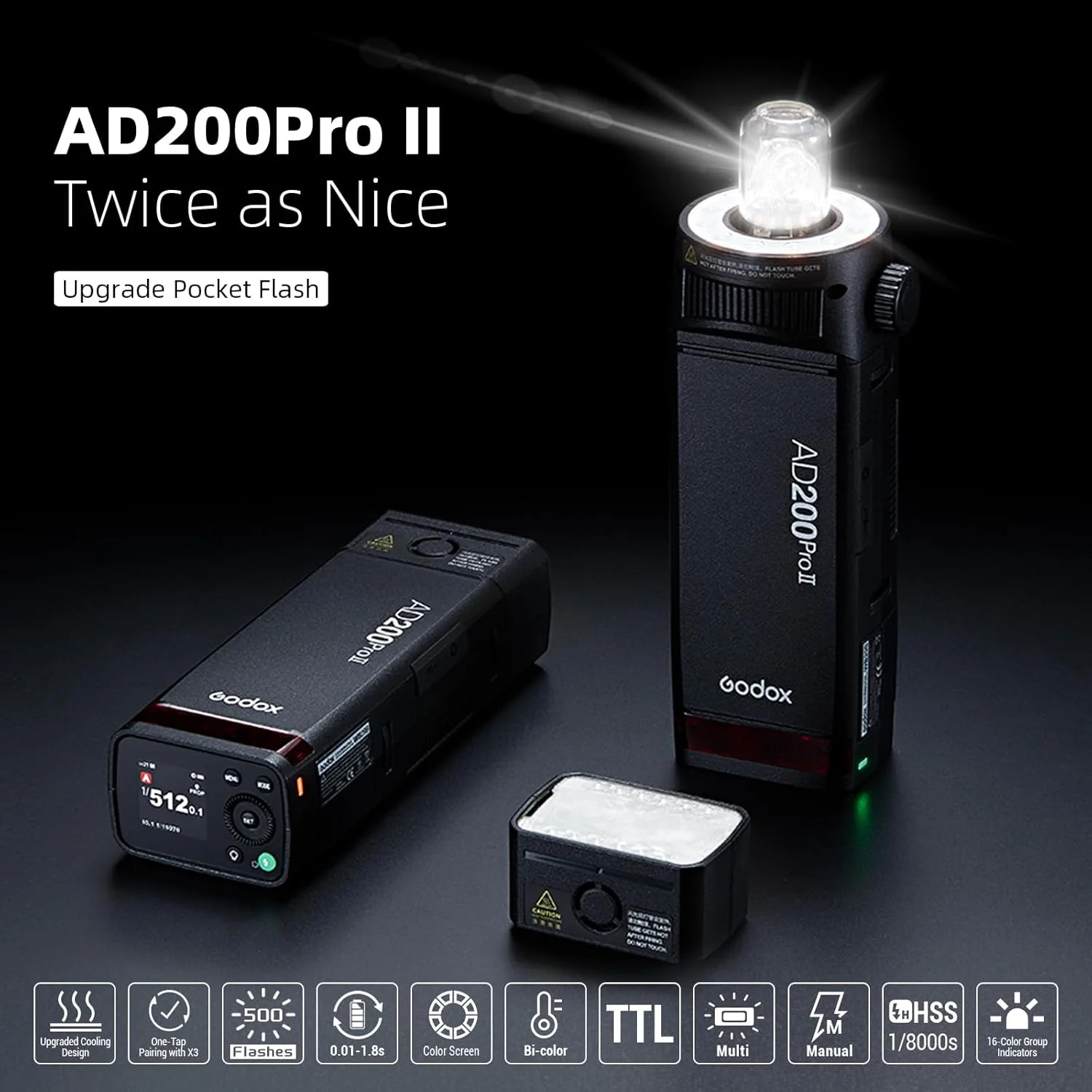 فلاش استروب GODOX AD200Pro II، 2.4G TTL 200W HSS 1/8000s باتری 2900mAh، لامپ مدلینگ دو رنگ همه کاره، همگام سازی بی سیم تک لمسی، صفحه نمایش رنگی بهبود یافته، نشانگر رنگ گروهی