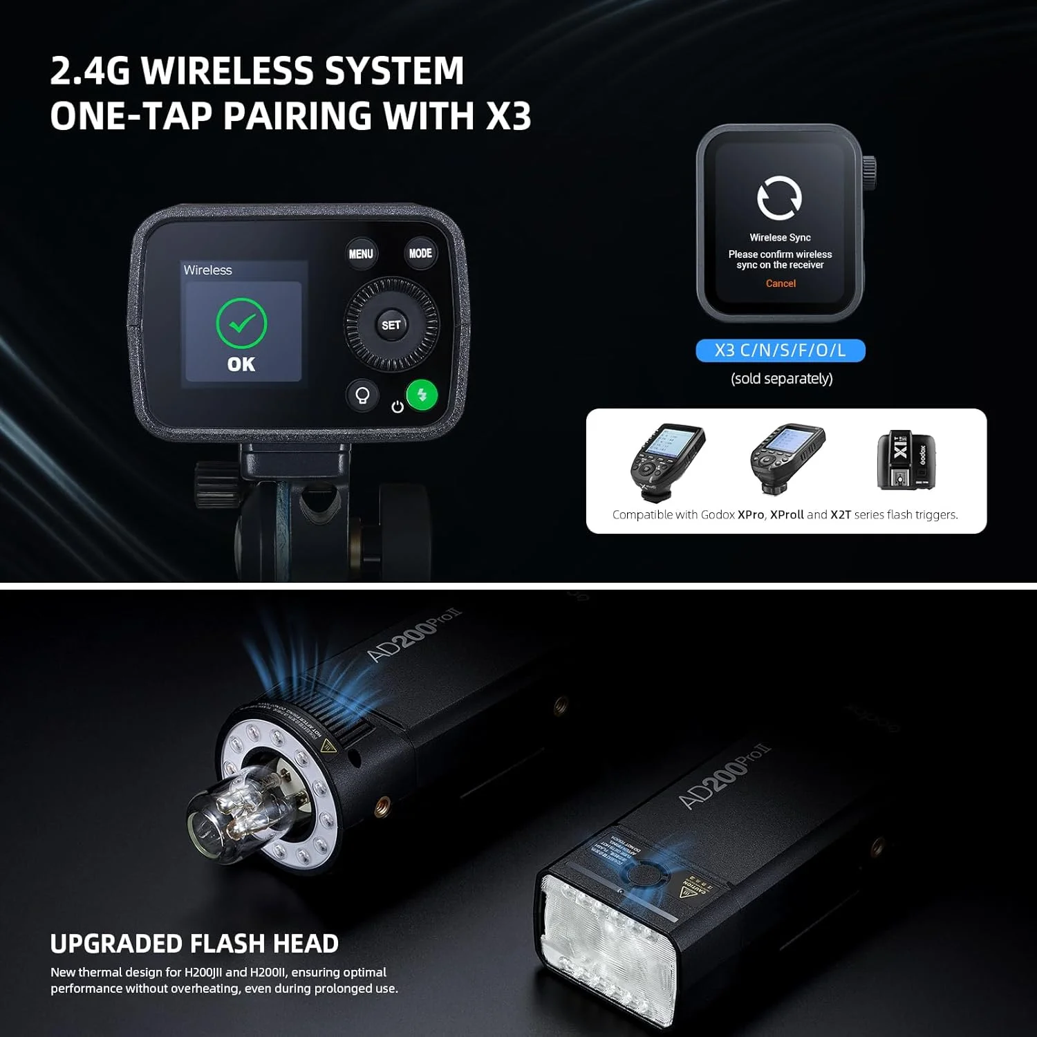 فلاش استروب GODOX AD200Pro II، 2.4G TTL 200W HSS 1/8000s باتری 2900mAh، لامپ مدلینگ دو رنگ همه کاره، همگام سازی بی سیم تک لمسی، صفحه نمایش رنگی بهبود یافته، نشانگر رنگ گروهی