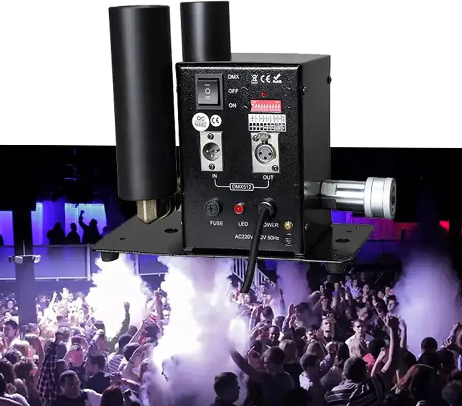 دستگاه مه ساز CO2، دستگاه جت CO2 عمودی دو لوله ای 200 وات، دستگاه مه ساز توپ CO2 با حالت کنترل DMX512، برای نمایش های صحنه ای، کلوپ، عروسی، مهمانی